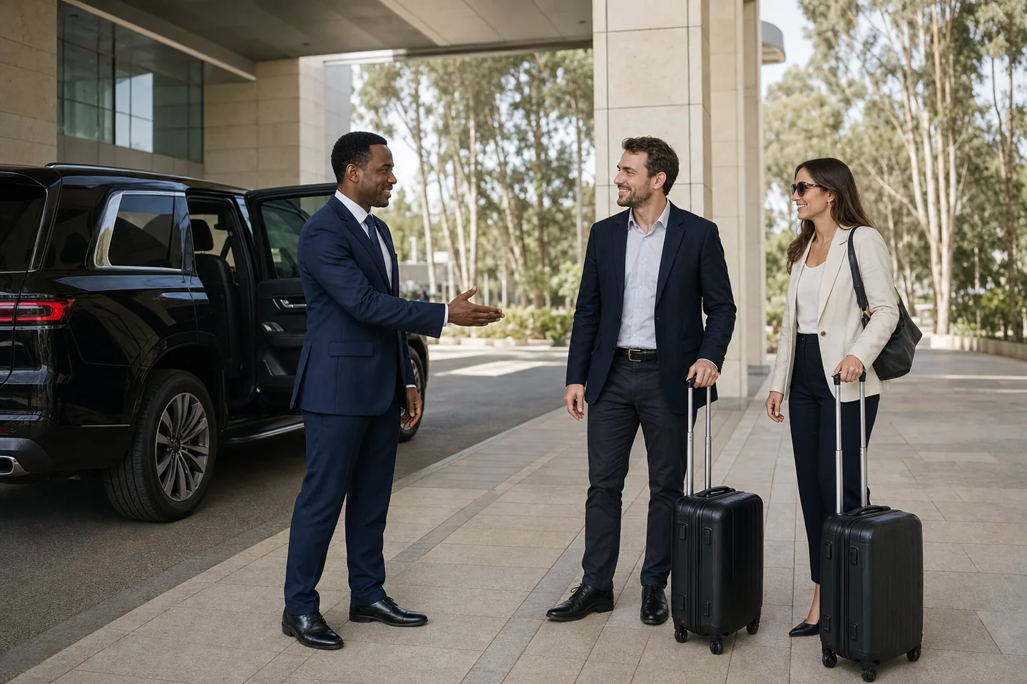 A professional chauffeur greeting business travellers beside an executive car in Addis Ababa.